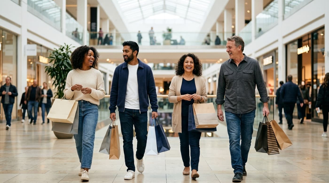 A diverse group of shoppers walking together through a modern shopping destination