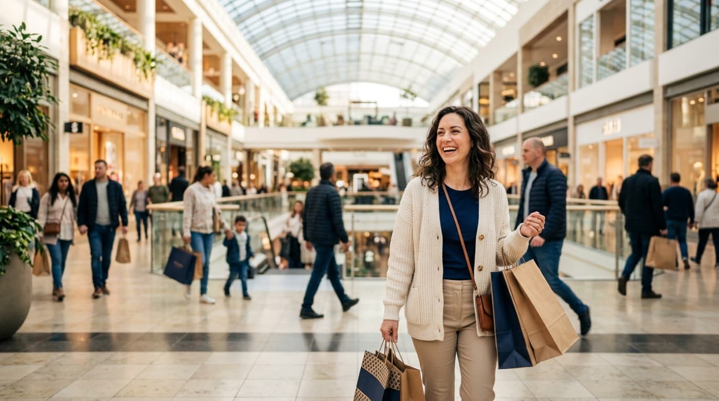 Shoppers walking through the bright atrium of a busy retail destination