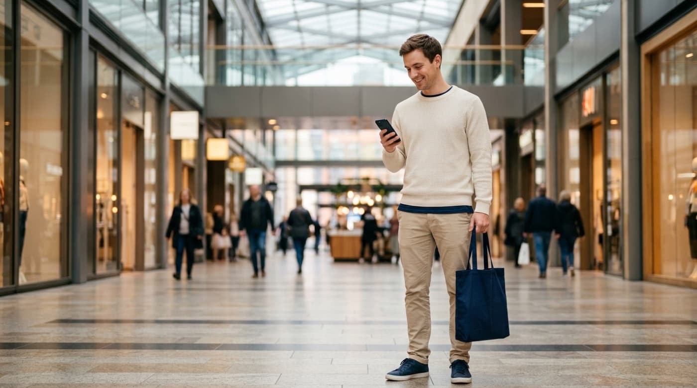 A shopper reading an answer on his phone in a bright modern retail destination