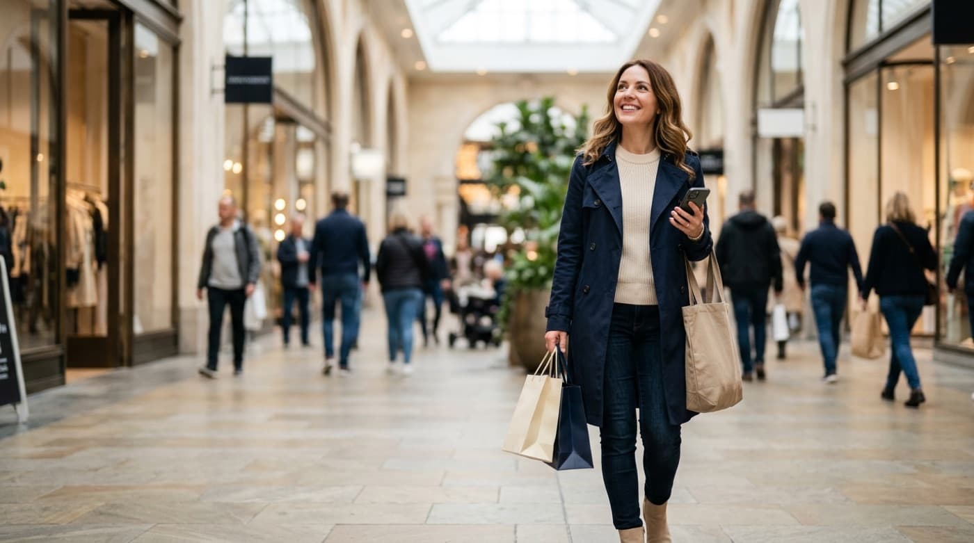 A shopper checking her phone in a bright premium shopping arcade