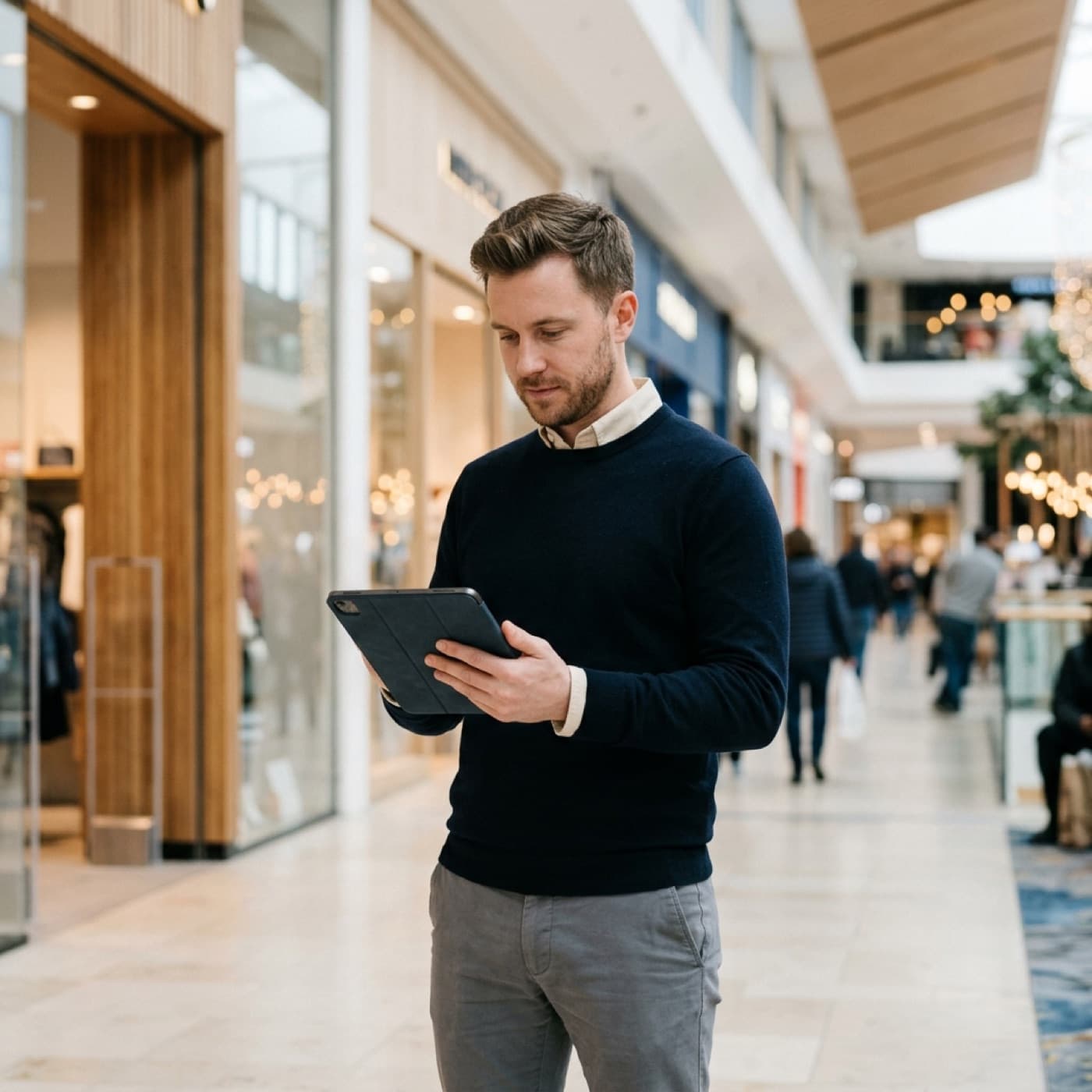 A retail-destination analyst reviewing performance on a tablet