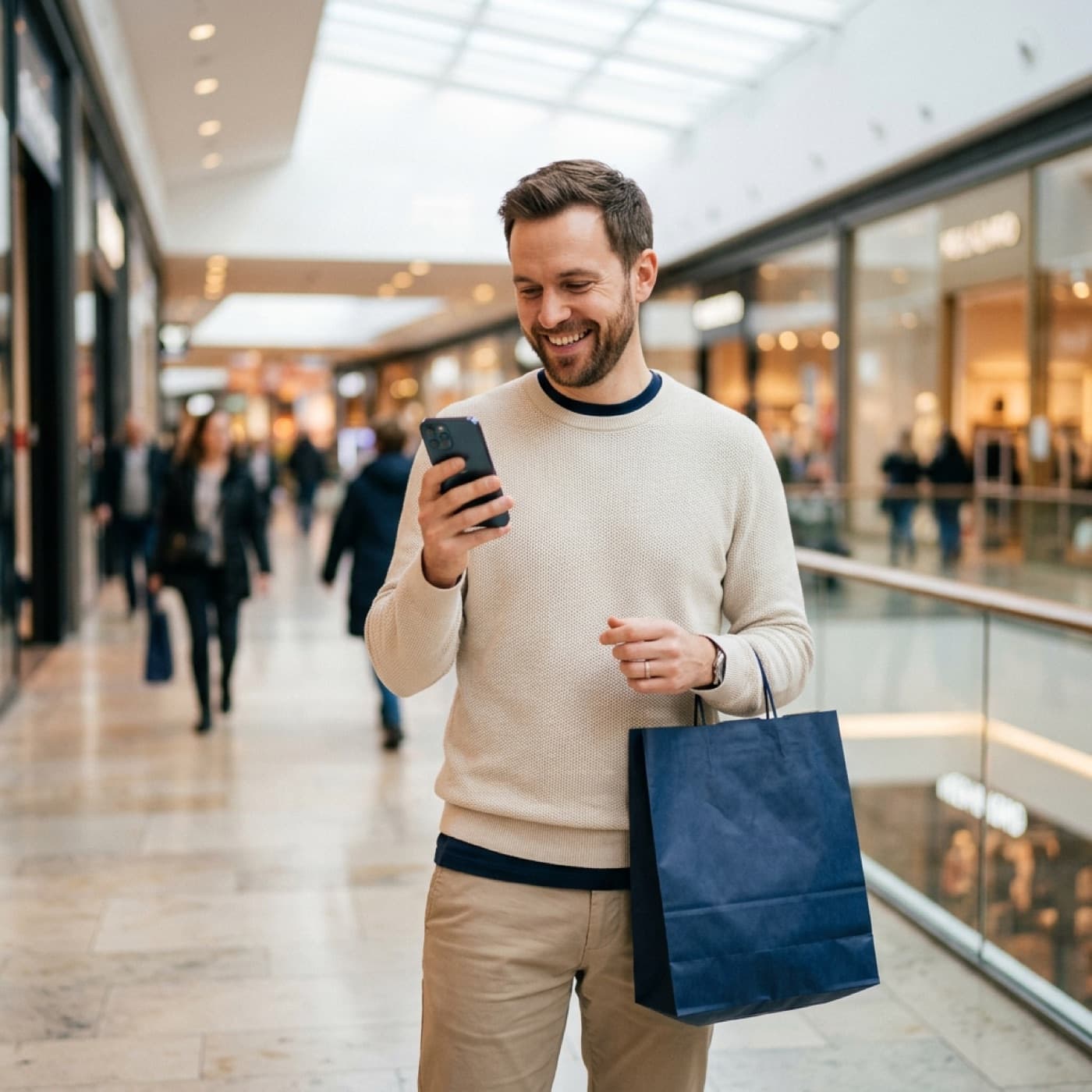 A shopper reading an answer from the Coniq AI Concierge on their phone in a mall