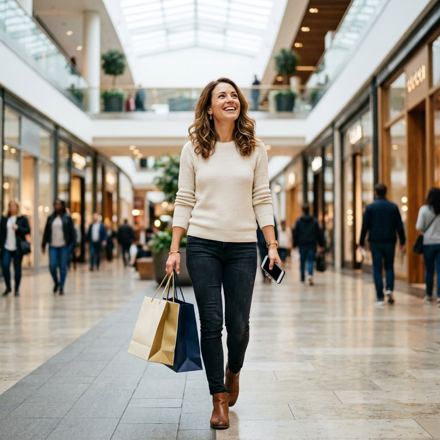 A shopper checking her phone in a busy premium shopping destination